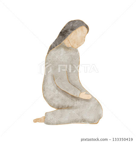 Virgin Mary watercolor illustration isolated on white. Kneeling woman, soft neutral palette textures, simple shapes, ideal for nativity scenes, Christmas cards, faith-based decor, educational projects 133350419