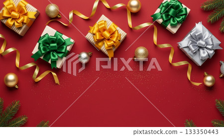 一款精美的聖誕設計，以紅色為背景，搭配色彩繽紛的禮盒。 133350443