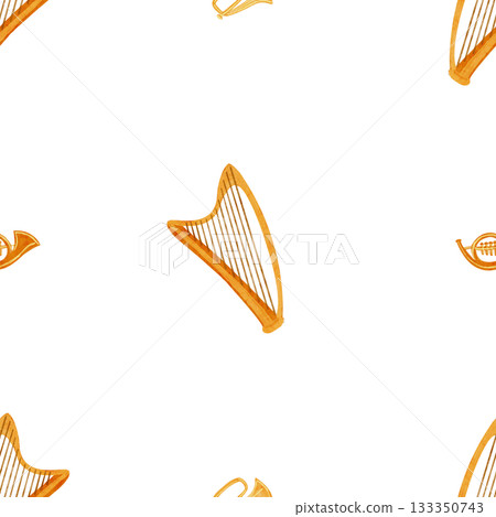 Golden harps and brass horns, airy rhythmic musical layout. Watercolor seamless pattern isolated on white. Hand-painted clip art ideal for festive textiles, wrapping paper, cards, creative projects Golden harps and brass horns, airy rhythmic musical layout. Watercolor seamless pattern isolated on white. Hand-painted clip art ideal for festive textiles, wrapping paper, cards, creative projects 133350743