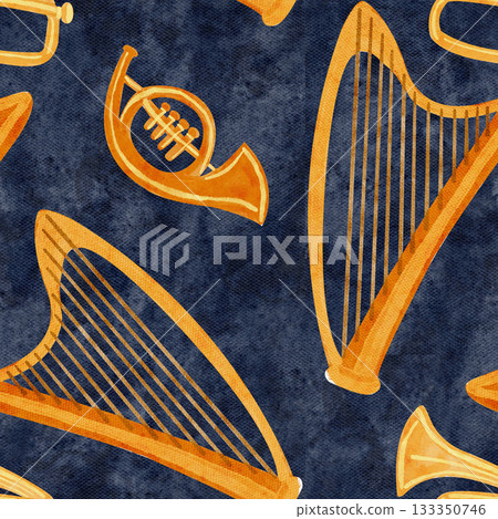 Brass and harp instruments watercolor seamless pattern in golden tones. Hand-painted musical clip art on textured blue, ideal for Christmas themes, nativity scenes, festive decor, creative projects Brass and harp instruments watercolor seamless pattern in golden tones. Hand-painted musical clip art on textured blue, ideal for Christmas themes, nativity scenes, festive decor, creative projects 133350746