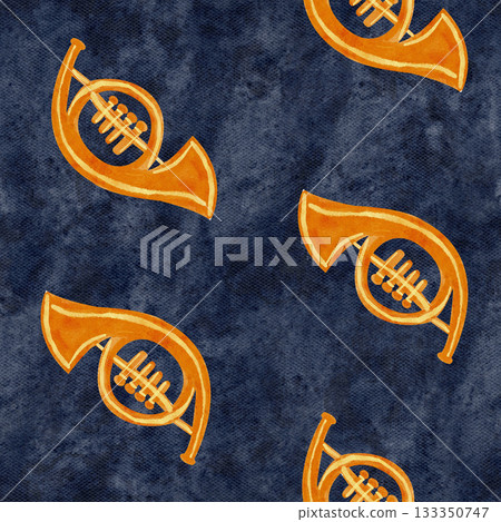 Brass horns in warm golden tones. Watercolor seamless pattern. Hand-painted musical design on blue, perfect for festive wrapping paper, Christmas crafts, textiles, invitations, and creative projects Brass horns in warm golden tones. Watercolor seamless pattern. Hand-painted musical design on blue, perfect for festive wrapping paper, Christmas crafts, textiles, invitations, and creative projects 133350747