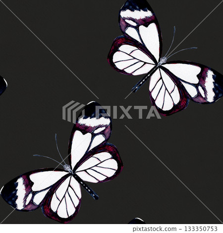 Elegant butterfly with transparent wings, black and violet details. Hand-painted watercolor seamless pattern on black background. Perfect for nature designs, stationery, patterns, botanical projects 133350753