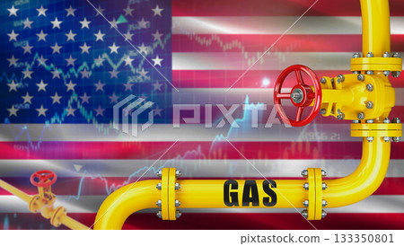 Gas pipeline with USA flag in the background. Gas production with american flag on market chart Gas pipeline with USA flag in the background. Gas production with american flag on market chart 133350801