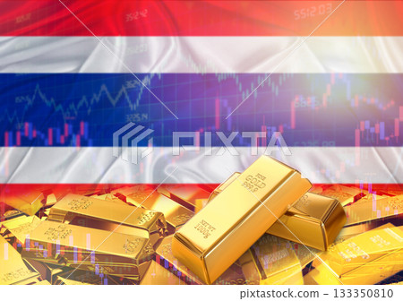 Gold bars on Thailand flag in background. Gold bars stacked on Thai flag. Concept of Thailand gold reserves Gold bars on Thailand flag in background. Gold bars stacked on Thai flag. Concept of Thailand gold reserves 133350810