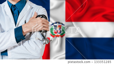 Dominican Republic healthcare concept. Doctor with stethoscope on Dominican Republic flag. Doctor holding stethoscope on Dominican flag 133351285