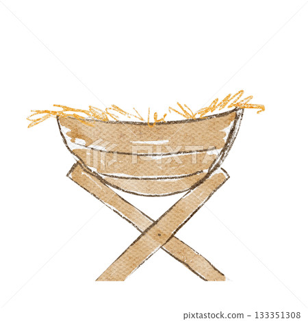Manger with warm brown wood and golden straw. A hand-painted watercolor illustration isolated on white, ideal for Christmas, nativity scenes, childrens books, crafts, and seasonal decor projects Manger with warm brown wood and golden straw. A hand-painted watercolor illustration isolated on white, ideal for Christmas, nativity scenes, childrens books, crafts, and seasonal decor projects 133351308