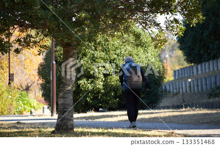 Senior man walking in the park on an autumn morning Senior man walking in the park on an autumn morning 133351468