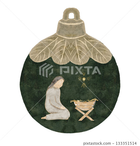 Virgin Mary kneeling by the manger inside a dark green Christmas ornament with a small golden star. Nativity illustration for Christmas cards, religious layouts, holiday printables, seasonal decor 133351514