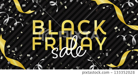 Black Friday Sale - Gorgeous background banner with gold lettering and silver confetti 133352028