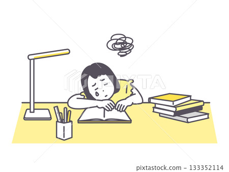 Illustration of a girl who is struggling to progress in her home study due to difficulty. Tired and worried. 133352114
