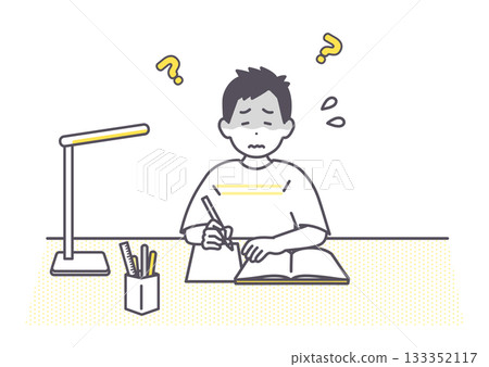 Illustration of a boy struggling to learn at home. I don't understand. It's difficult. 133352117