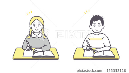 一個男孩和女孩在書桌前學習的插圖 133352118