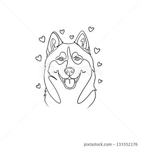 Minimalist one line portrait of a happy husky with hearts perfect for dog lovers and modern clean aesthetic. 133352176