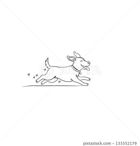 Minimal one line drawing of a happy dog running with hearts, continuous line art illustration of playful pet, simple modern design on white background. Minimal one line drawing of a happy dog running with hearts, continuous line art illustration of playful pet, simple modern design on white background. 133352179