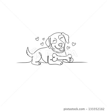 Continuous Line Art Illustration of Happy Dog with Bone 133352182