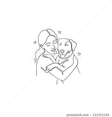 Minimalist one line drawing of woman hugging her dog, love and friendship concept, pet care line art illustration. Minimalist one line drawing of woman hugging her dog, love and friendship concept, pet care line art illustration. 133352183