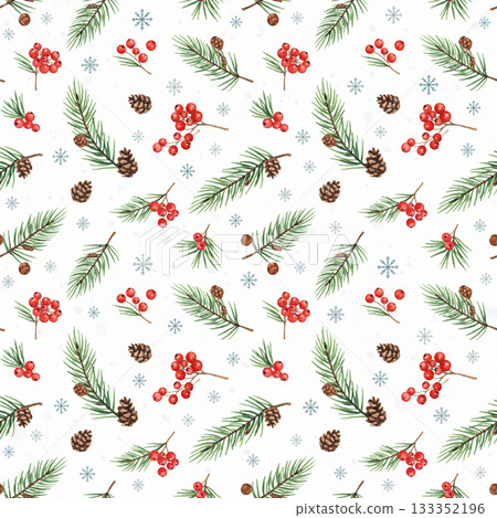 Cozy Winter Seamless Pattern with Pine Branches, Red Berries, and Snowflakes. Hand-drawn style Christmas and New Year ornament 133352196