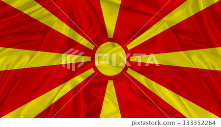 Flag of North Macedonia with cloth texture. Close up of Macedonian flag waving 133352264