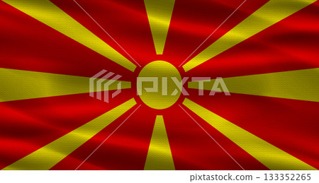 North Macedonia flag with fabric texture. Realistic flag of North Macedonia waving North Macedonia flag with fabric texture. Realistic flag of North Macedonia waving 133352265