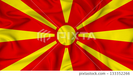 Realistic North Macedonia flag waving. Close up of flag of North Macedonia with cloth texture 133352266