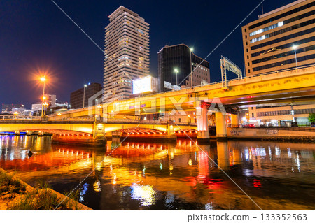 Osaka Prefecture: Night view of Nakanoshima Park and Namba Bridge 133352563