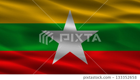 Myanmar flag with fabric texture. Realistic flag of Myanmar waving 133352658