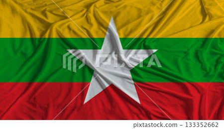 Myanmar flag with fabric texture background. National flag of Myanmar with cloth texture Myanmar flag with fabric texture background. National flag of Myanmar with cloth texture 133352662