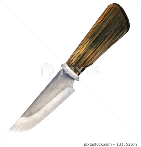 Artistic watercolor illustration of a hunting knife clipart, isolated on white, with a sharp blade and wooden handle 133352672