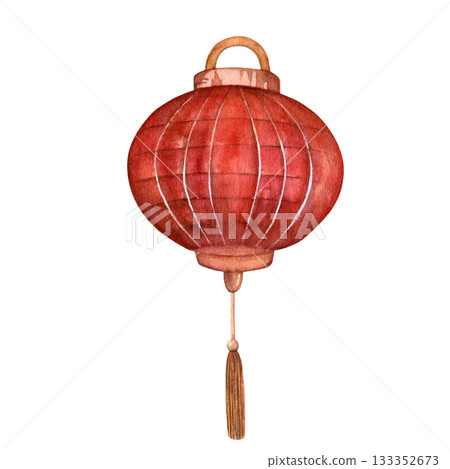Traditional chinese red paper lantern on a white background. Hand drawn. Watercolor illustration for design of cards, posters and templates 133352673