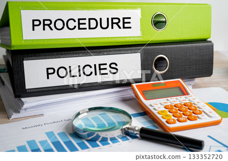 Procedure Policies. Binder data finance report business with graph analysis in office. 133352720