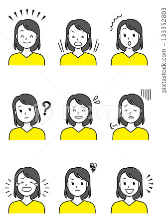 Illustration set of a young woman with nine different facial expressions 133352803