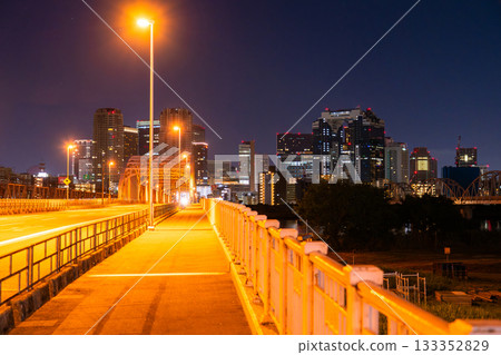 Osaka Prefecture: Night view of downtown Osaka and the Umeda area from the Yodo River 133352829