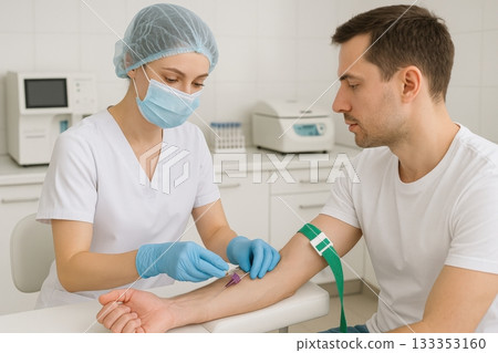 Healthcare professional performing blood draw on patient in clinical setting during daytime Healthcare professional performing blood draw on patient in clinical setting during daytime 133353160