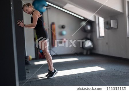 Woman doing a calf stretch against the wall in a modern gym during daylight 133353185