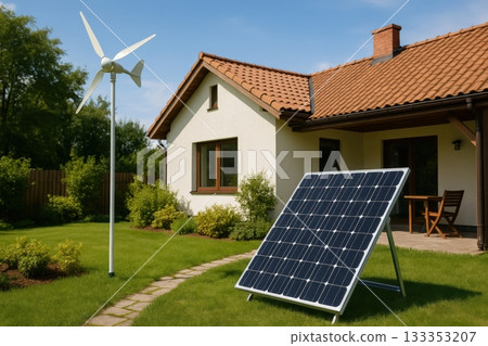 Modern home utilizes renewable energy with solar panels and wind turbine in a spacious green yard during a sunny day 133353207