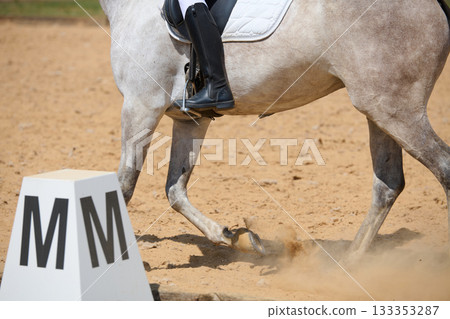 Equestrian sport, horse riding dressage competition, gray horse in motion, rider in black boots, sand arena, dust, dynamic movement, outdoor training, equine performance. Equestrian sport, horse riding dressage competition, gray horse in motion, rider in black boots, sand arena, dust, dynamic movement, outdoor training, equine performance. 133353287