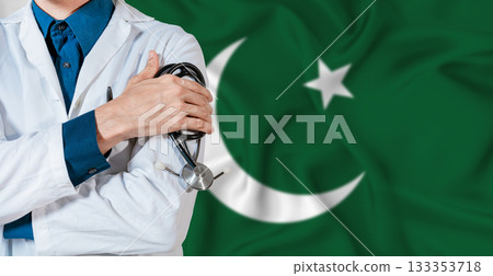 Pakistan healthcare concept. Doctor with stethoscope on Pakistan flag. Doctor holding stethoscope on Pakistani flag 133353718