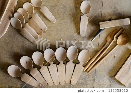 Handcrafted wooden spoons, product photo, studio shot, object isolated, clean studio background, copy space minimal background, transparent isolated object 133353910