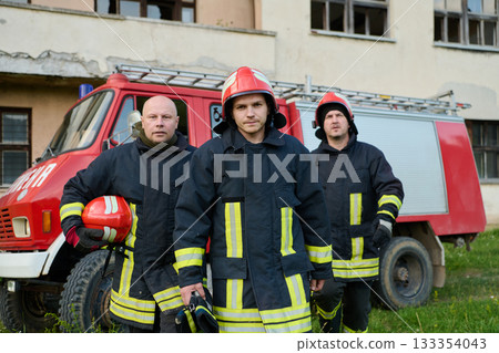 Firefighters in uniform and helmets posing in front of fire truck, emergency service team, rescue operation, fire safety, urban scene, outdoor, teamwork and bravery concept Firefighters in uniform and helmets posing in front of fire truck, emergency service team, rescue operation, fire safety, urban scene, outdoor, teamwork and bravery concept 133354043