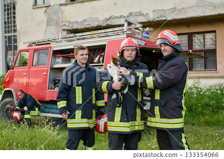 Firefighters rescuing a cat near a fire truck, emergency services team saving an animal, firefighters in uniform, rescue operation, outdoor scene, building background, teamwork. 133354066