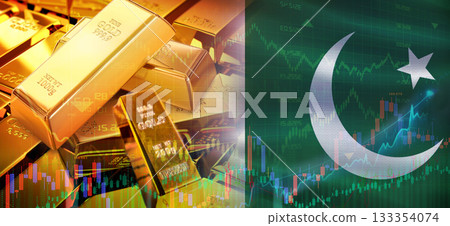 Gold bars stacked on Pakistani flag. Pakistan gold reserves, Concept Gold bars stacked on Pakistani flag. Pakistan gold reserves, Concept 133354074