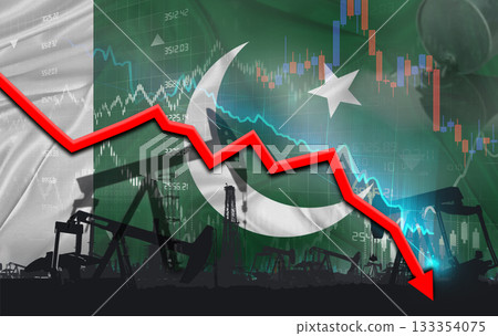 Crude crisis with Pakistani flag on financial graph. Fall oil price with flag of Pakistan on economic chart Crude crisis with Pakistani flag on financial graph. Fall oil price with flag of Pakistan on economic chart 133354075