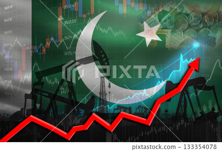 Oil production with Pakistan flag, petrol industry. Oil pumps with Pakistani flag 133354078