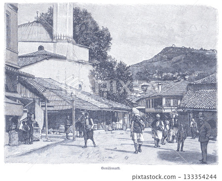 An engraving depicting a lively historical marketplace scene with men in traditional attire gathered around sacks and produce, under a large-roofed building. 133354244