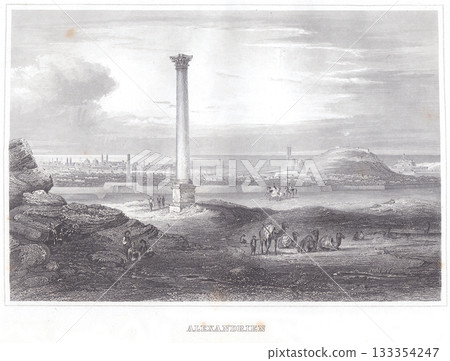 Historic engraving of Alexandria, Egypt, showcasing Pompey's Pillar, a bustling cityscape with domes and minarets, and the waterfront. Foreground features people, camels, and a rocky landscape 133354247