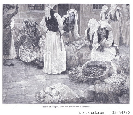 Engraving of a bustling market in Ragusa (Dubrovnik) after a Vlaho Bukovac painting, featuring women in traditional dress selling fruits and vegetables from baskets 133354250
