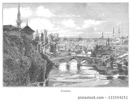 Engraving of Sarajevo's cityscape, highlighting a multi-arched bridge over a winding river, flanked by lush banks and featuring minarets and traditional buildings in the background. 133354251