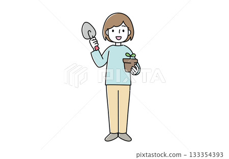 一位女士手持花盆和鐵鍬的插圖 133354393