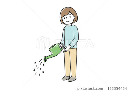 Illustration of a woman watering with a watering can 133354434