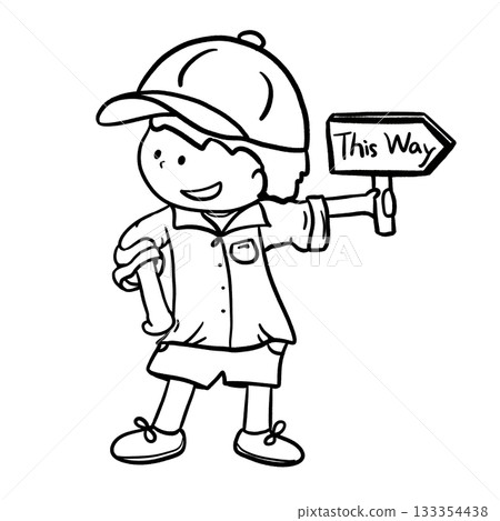 Cartoon tour guide holding direction sign outline illustration 133354438